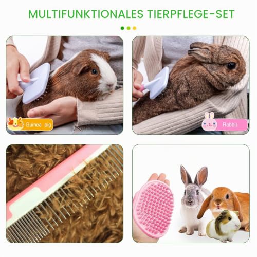 Pflegeset für kleine Tiere, mit Haustier-Ausfallbürste, Bade-Massagehandschuh, Haustier-Pflegekamm, Nagelknipser für Kaninchen, Meerschweinchen, Welpen, Katze, Kätzchen, Hamster, Frettchen (Rosa)