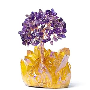 GEMBOURY Amethyst Crystal Money Tree on Citrine Crystal Stone Base, 5.5″ Citrine Money Crystal Tree for Wealth Positive Energy Feng Shui Gemstones Tree Home Decor