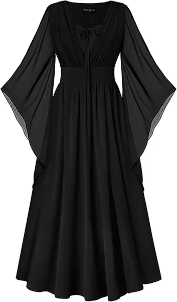 Scarlet Darkness Renaissance Dress Women Bell Sleeve Fairy Dresses Split Maxi Dress with Pockets
