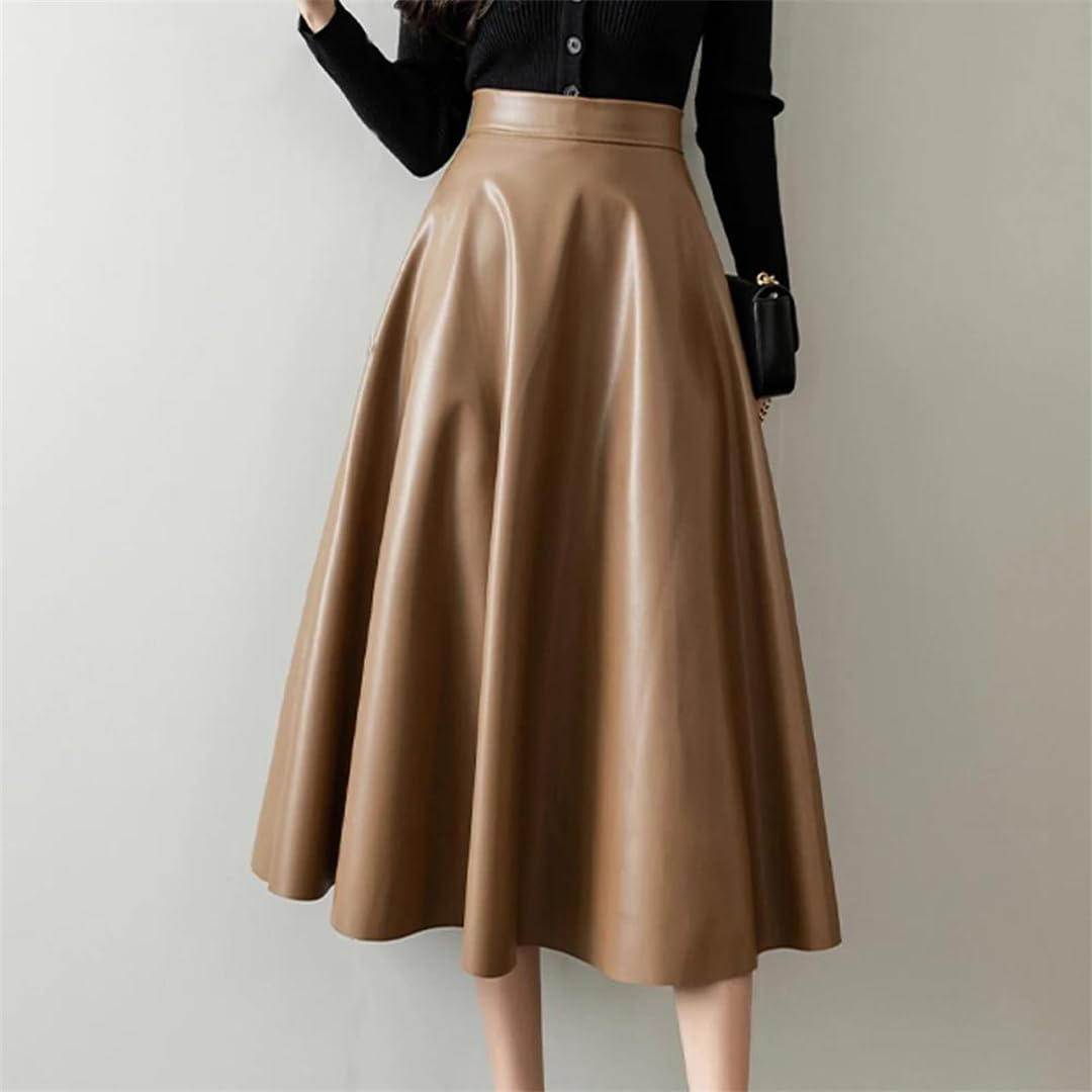 Faldas de piel sintética de cintura alta para mujer, estilo vintage, sencillez, casual, plisadas, sueltas, acampanadas, largas