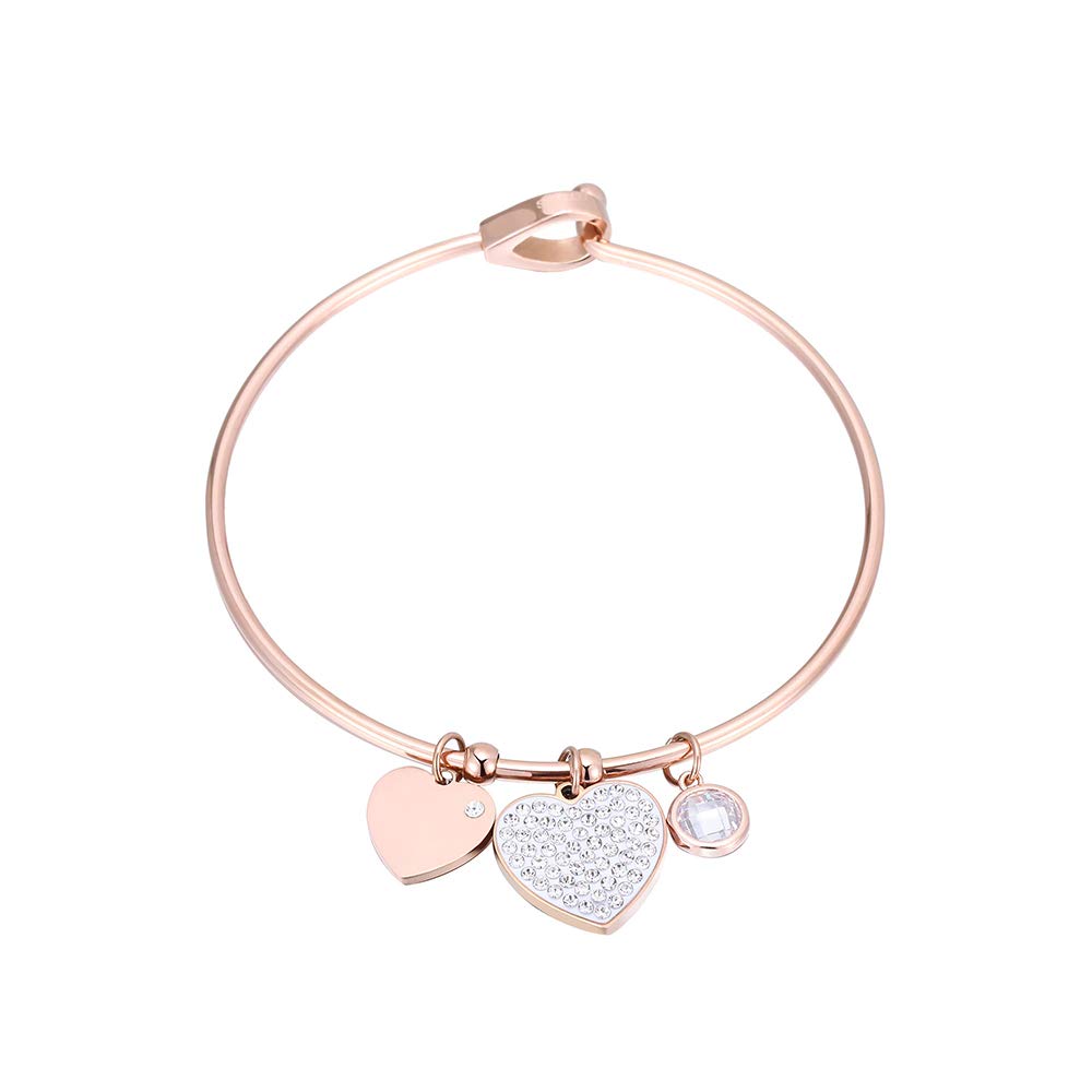 Stainless Steel Bracelet for Women, Round/Love/Chili Pendant Charm Jewelry Bangle Bracelet with Sparkling Crystal Mother's Day Gift Birthday Gift