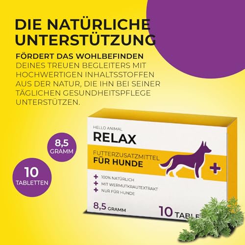 Hello Animal® Relax - Beruhigungsmittel Alternative für Hunde - 10 Tabletten mit natürlichen Inhaltsstoffen - zur Unterstützung der Entspannung und Stressbewältigung - Ideal für nervöse Hunde