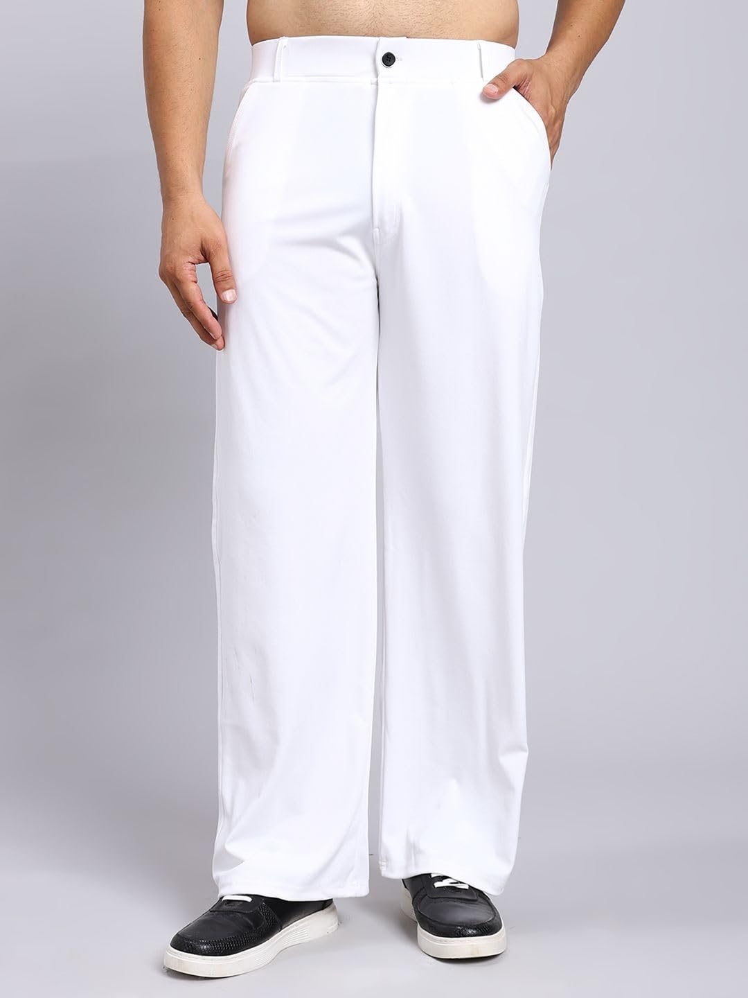 Loose Fit Mid-Rise White Men Lycra Blend Trousers
