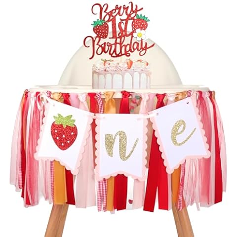 Berry 1st Birthday High Chair Banner + Cake Topper Set, Strawberry Theme First Birthday Decorations Party Supplies, Berry Sweet One First Birthday Decor Cover