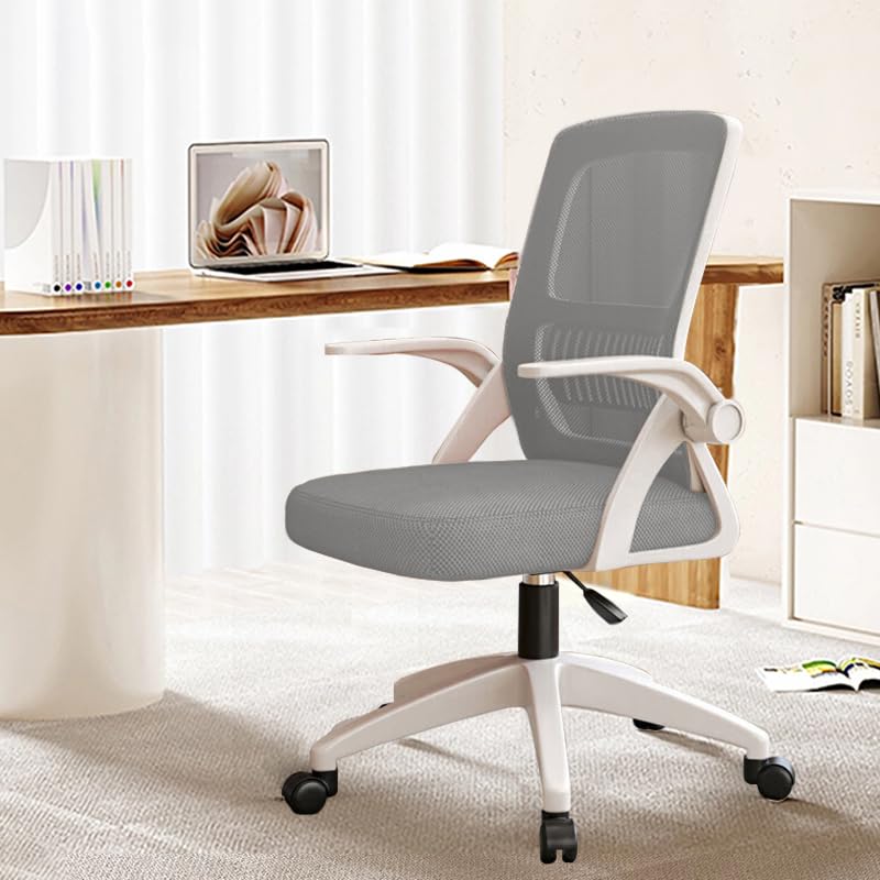 Ergonomiczne Krzesło Biurowe do Domu z Oddychającej Siatki - Wysoki Tył z Regulacją Wysokości,Obrotowe z Podnoszonymi Podłokietnikami i Wsparciem Lędźwiowym(Szary)
