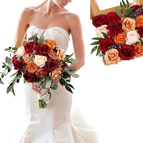 FLORAL STORY Burnt Orange Artificial Flowers Rustic Terracotta Fake Flowers with Stem for Fall Wedding Bride Bouquets DIY Baby Shower Centerpiece Arrangements