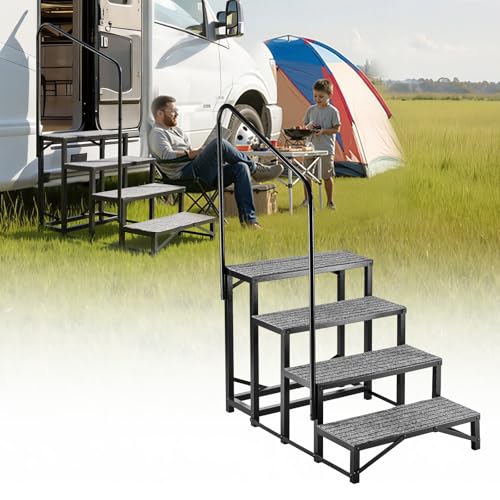VEVOR RV Steps with Handrail 4 Steps 660 lbs Load Capacity Heavy Duty Outdoor RV Stairs with Non-Slip Mat for Elderly and Pets Portable Stairs for Hot Tub Camper Mobile Home Porch Pool SPA