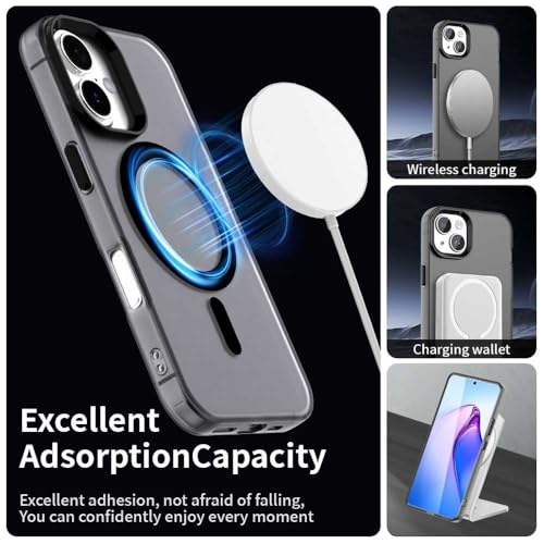 Image of Elzzi Translucent Matte Back Cover for iPhone 16 Case, Shockproof Anti-Fingerprint Phone Cover with Magnetic Wireless Charging, MagSafe Compatible Protective Case for Men & Women (Black)
