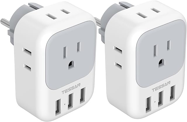 TESSAN Type E F Plug Adapter 2 Pack, Germany France Power Adapter, Schuko Outlet Converter with 4 AC Outlets 3 USB Ports, Travel Adaptor for US to Europe EU Spain Iceland Korea Russia German French