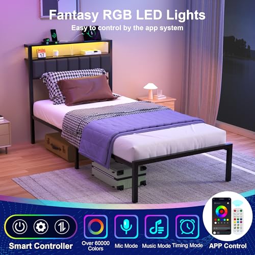 Image of J.Fkne Twin Bed Frames with Charging Station and LED Lights, Twin Size Platform Bed with Metal Slats, Upholstered Headboard with 2-Tier Storage Shelves, No Box Spring Needed, Easy Assembly, Black