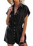 Dokotoo Womens Summer Trooper Utility Rompers Button Down Cuffed Sleeves Casual Elastic Waistband Short Jumpsuit Outfits with Pocket Plus Size,Black Medium