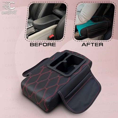 Image of Carigiri Nappa Leatherette,Foam ComfiRest Pro Car Armrest Cushion with Cup Holder| Arm Cushion| Universal for All Cars|Armrest with Mobile Holder (Red,Utility Pockets,Dual Cup Holder,Mobile Holder)