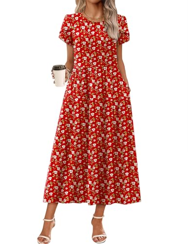 Image of Zeagoo Summer Dresses for Women 2026 Maxi Bohemian Floral Short Sleeve Long Dress Casual Flowy Tired Beach Sundress