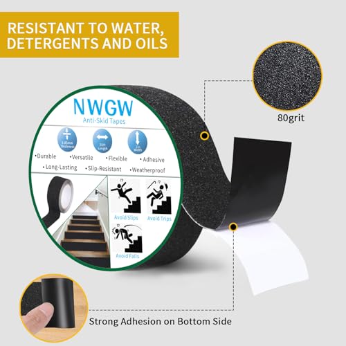 Image of Black Anti-Slip Stair Treads Tape,2 inch x35FT Heavy Duty PVC Non-Skid Grip Tape for Wooden Steps, Indoor /Outdoor Stairs, Pool Decks - Peel & Stick Waterproof Safety Traction