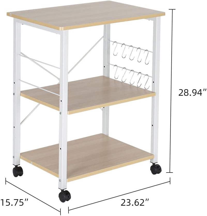 Generic Baker's Rack 3-Tier Kitchen Utility Microwave Oven Stand Storage Cart Workstation Shelf(Vintage Board Top Black Metal Frame) RT Compact Size Table (White)