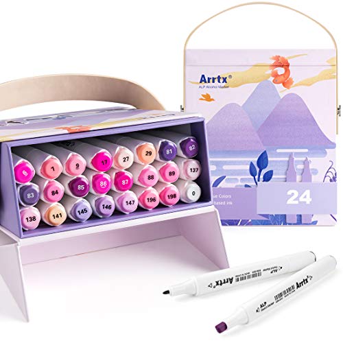 Arrtx ALP 24 couleurs Marqueurs à Feutre Alcool, Conseils Doubles Croquis d'art Permanent Marqueur Surligneur Graphique avec boîte portable pour le dessin, Peinture, Coloration, Gribouillage (Violet) Cover