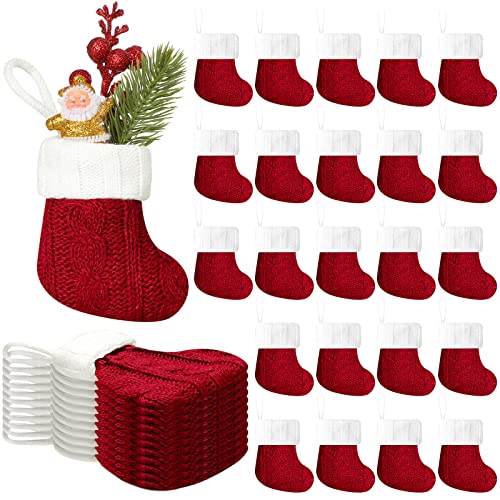 24 Stück Weihnachts-Mini-Strümpfe, roter Zopfstrick, Weihnachten, rustikaler Strumpf, Mini-Strümpfe, Weihnachtsstrümpfe, kleine Urlaub, hängende Dekorationen, Baum, Party-Dekoration Cover