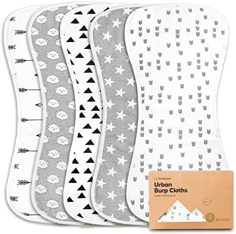 5-Pack Organic Burp Cloths for Baby Boys and Girls – Ultra Absorbent Burping Cloth, Burp Clothes, Newborn Towel - Milk Spit Up Rags - Burpy Cloth Bib for Unisex, Boy, Girl - Burp Cloths (Grayscape)