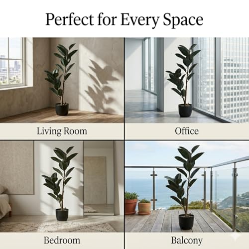 Image of Kayra Decor Artificial Rubber Plant 4ft with Pot - Ficus Elastica Tree | Faux Indoor Plant for Living Room, Office, Balcony & Home Decor