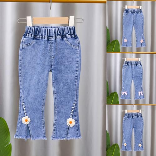 Toddler Girls Y2k Flared Jeans Comfort Flowers Print Raw Split Hem Bell Bottoms Baby Girl Spring Autumn Denim Trousers2