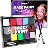 Face Painting Kit, 15 Colors Face Paints for Children, with 2 Brushes 34 Stencils, Non-Toxic & Washable Body Piant for Halloween Make Up, Unique Gift