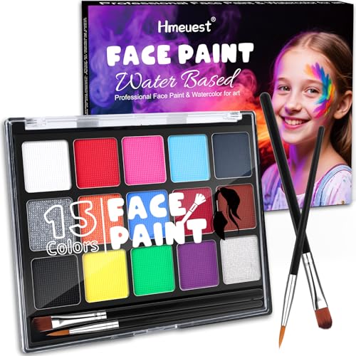 Face Painting Kit 15 Colors Face Paints for Children with 2 Brushes 34 Stencils Non-Toxic & Washable Body Piant for Halloween Make Up Unique Gift