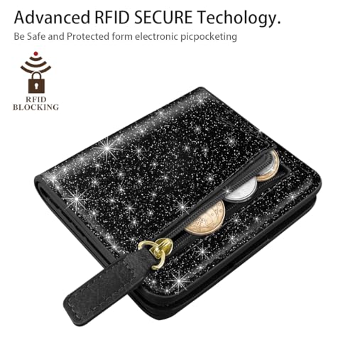 Image of Small Womens Glitter Wallet Thin Credit Card Holder Pocket | Compact Women Slim RFID Blocking Bling Wallets Bifold Ladies Mini Purse Pocket for Travel & Daily Use, Black