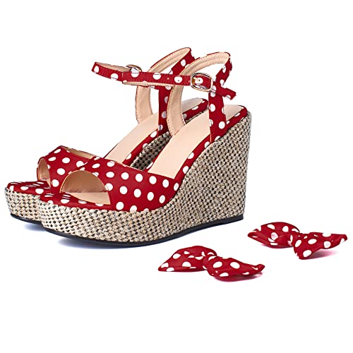 KISSASA Womens Polka Dot High Heels with Bow Espadrille Wedge Peep Toe Satin Sandals4