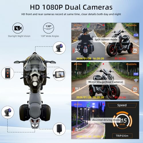 VSYSTO WiFi Motorcycle Dash Camera, 3 Tire Pressure Sensors, Parking Monitoring, Waterproof GPS 4\'\' Screen 1080P 150° Wide Angle Front and Rear Cam Positive/Reversed Three Wheeled Motorbike DVR System