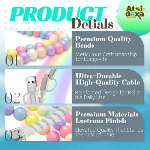 Image of 4-in-1 Beaded Charging Cable, MFi Certified, Works with CarPlay, 6.6FT 60W Fast Charger Cord for iPhone 17 /16 /15 /14 /13 /12 /11, iPad, Samsung, Android and More (Pastel Pop)
