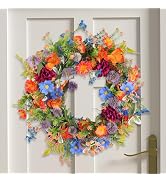 Montekin 20" Garden Cosmos and Lisianthus Spring Summer Wreath with Green Leaves, Colorful Wildfl...