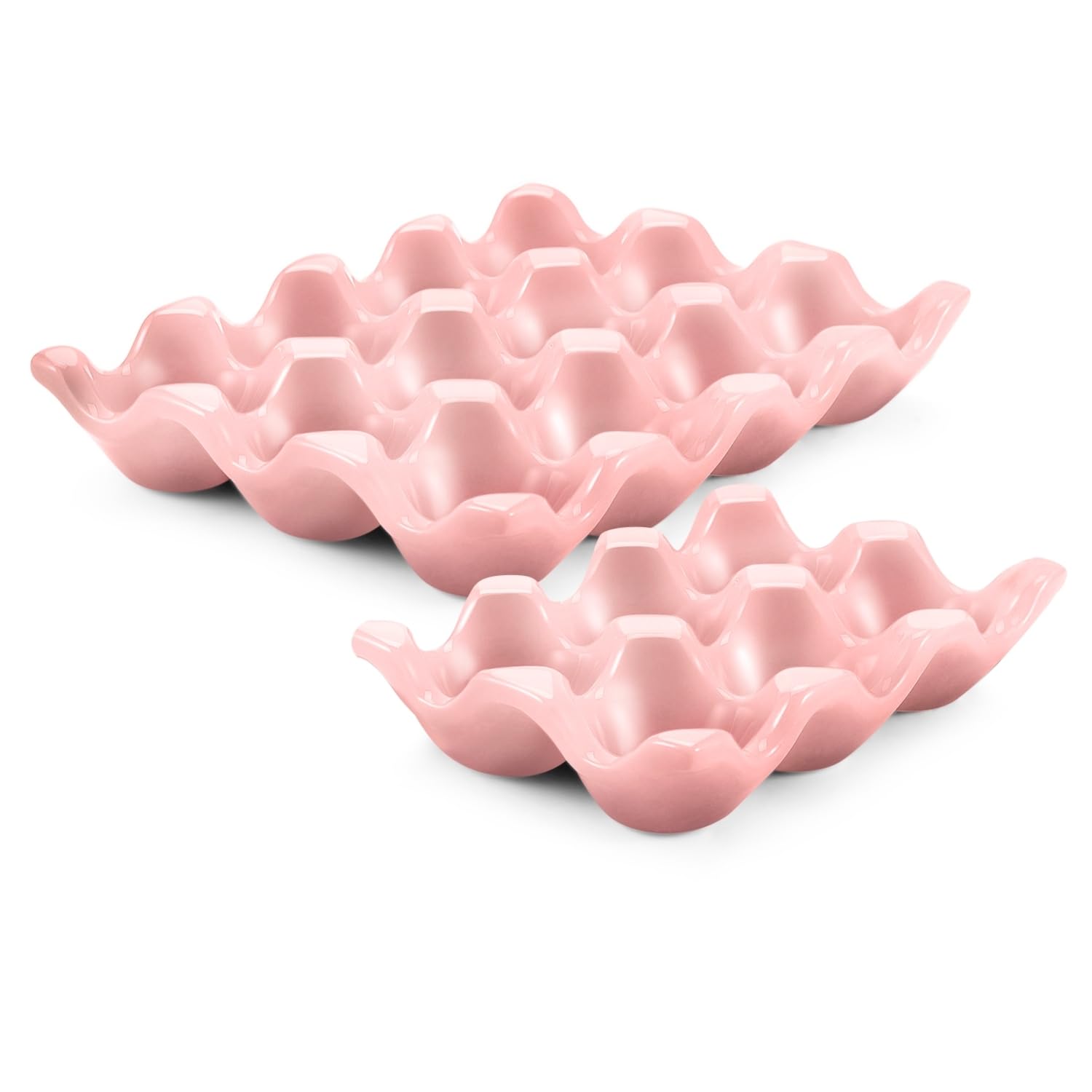 Flexzion Vassoio in ceramica per 12 + 6 uova, 18 portauova in porcellana, contenitore portaoggetti decorativo, per frigorifero, piano di lavoro, cucina, colore: rosa