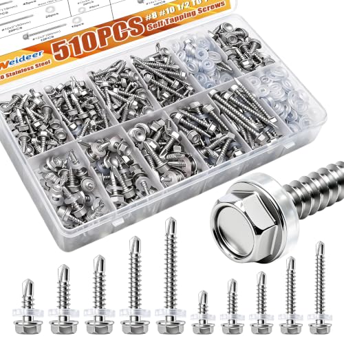weideer 510pcs #8#10 Self Tapping Screws for Metal,410 Stainless Steel Screws Assortment Kit,Hex Washer Head Quick Tapping Screw with Rubber Washer (255 Sets)