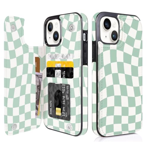 Obbii Compatible with iPhone 14/15 Plus Wallet Case with Card Holder Green Checkerboard Flip Folio PU Leather Kickstand Card Slots Case for Women Girls