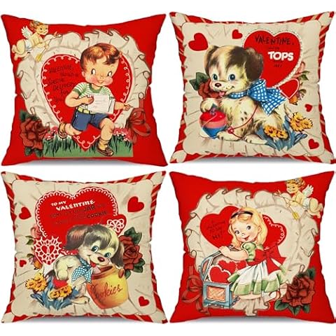 DFXSZ Valentines Day Pillow Covers 20x20 Inch Set of 4 Boy Girl Dog Decor Red Retro Throw Pillow Covers Happy Valentine Decorative Throw Pillows Valentines Day Vintage Decorations 60D Cover
