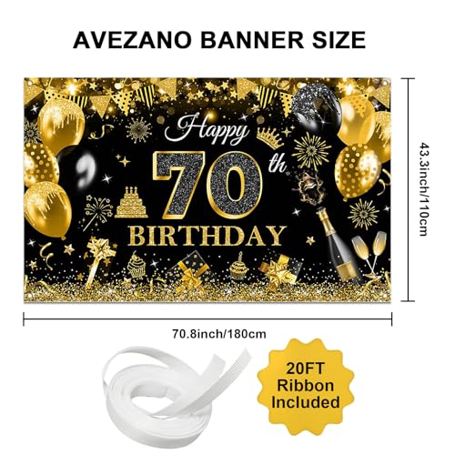 Image of Avezano Happy 70th Birthday Banner for Men Black and Rose Gold Glitter Balloon 70 Birthday Party Backdrop 70 Year Old Bday Photo Backdrop Party Supplies 70.8 x 43.3 Inch