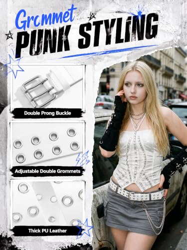 Image of Studded Double Grommet Belt with Chains for Women Men Teens | Y2K Punk Goth Belt, Womens Double Hole Belts for Jeans /Pants /Skirts, Grunge Adjustable Leather Belt for Fashion /Festival