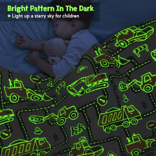 Image of Glow in The Dark Truck Blanket- Kids Boys Construction Excavator Truck Toys for Toddlers Age 1 2 3 4 5 6 7 8 9 10 Years Old Teen Birthday Christmas Valentine's Easter Gifts Car Plush Throw 50 inchx 60 inch