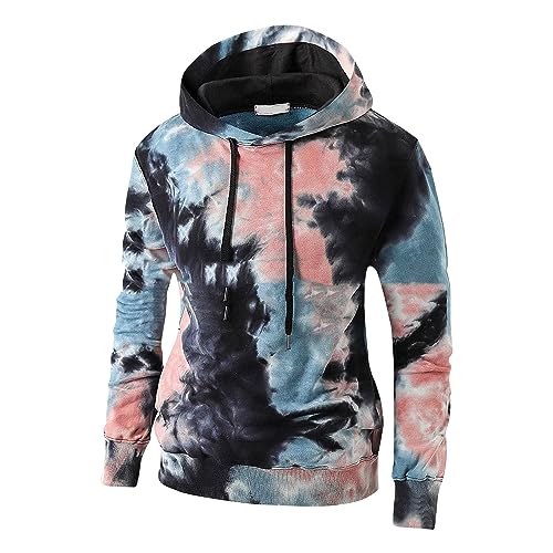 THMENKHT Man Hoodie Casual Oversized Tie Dye Long Sleeves Tops Fashion Drawstring Sweatshirt with Front Kangaroo Pocket Pink XL