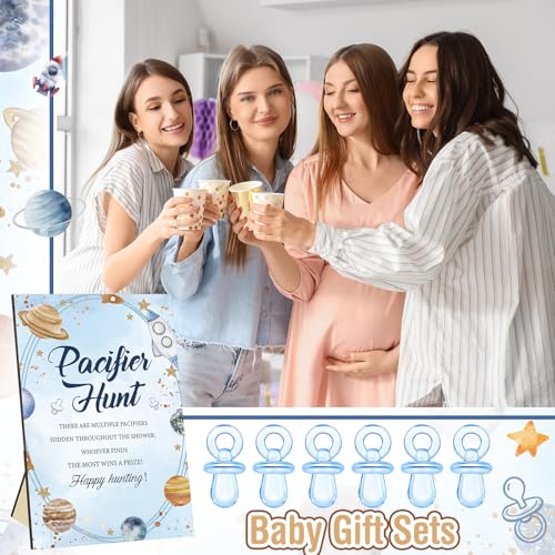 Image of Thyle 51 Pcs Outer Space Baby Shower Games Planets Pacifier Hunt Include Galaxy Solar System Hunt Sign and 50 Acrylic Pacifiers for Astronaut Baby Shower Game over The Moon Gender Reveal Party Decor