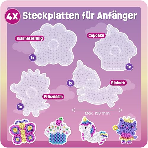 Smowo® 10mm Bügelperlen Platten Märchenwelt - Set mit 4 Steckplatten und Vorlagen - Einhorn, Prinzessin, Schmetterling, Cupcake - Große Stiftplatten für Kinder ab 3 Jahre