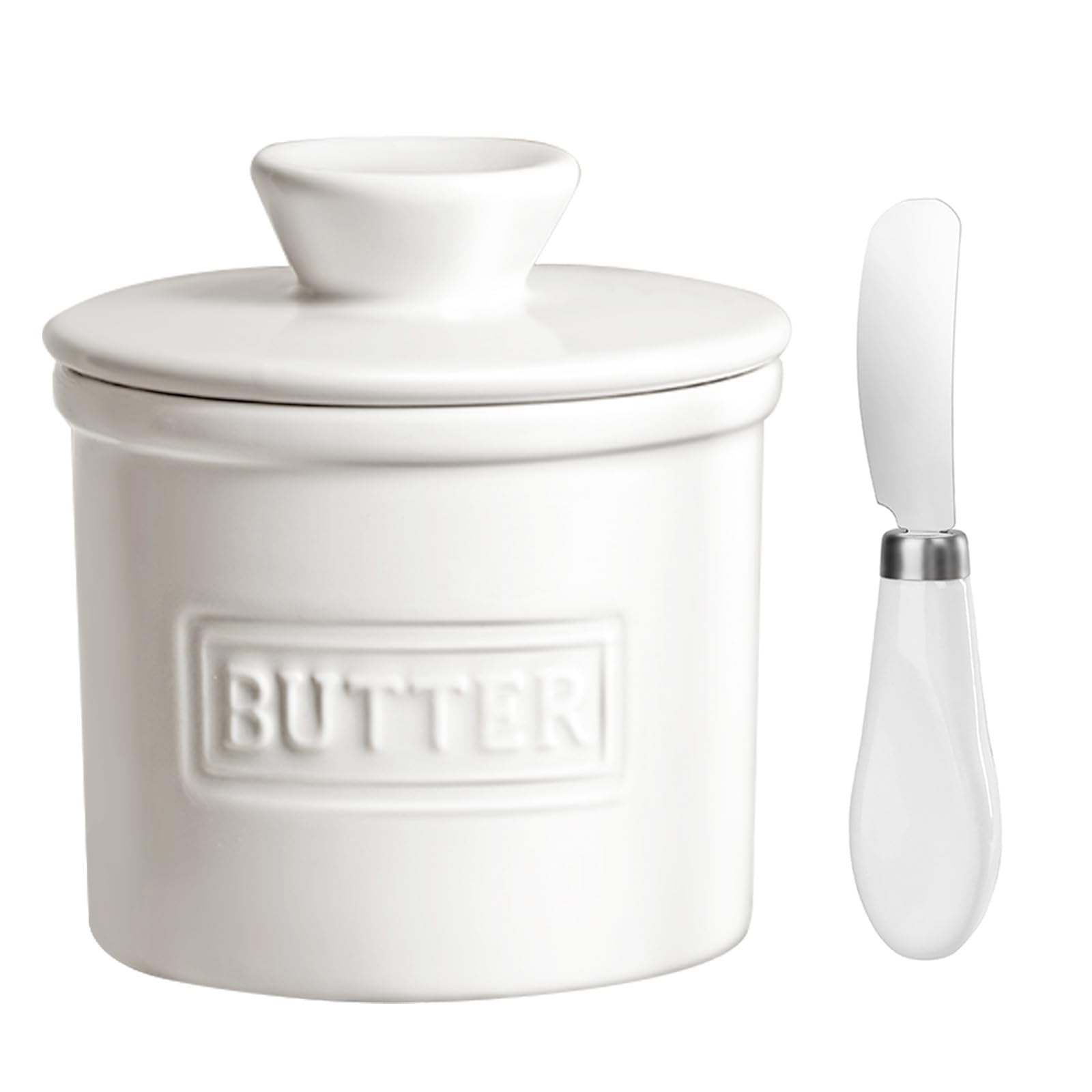 Butter Crock with Spreader, Porcelain French Butter Keeper for Countertop, Butter Container for Soft Butter, Gift for Mother’s Day, Thanksgiving Day and Christmas, AU, Color-White. - White Butter Crock