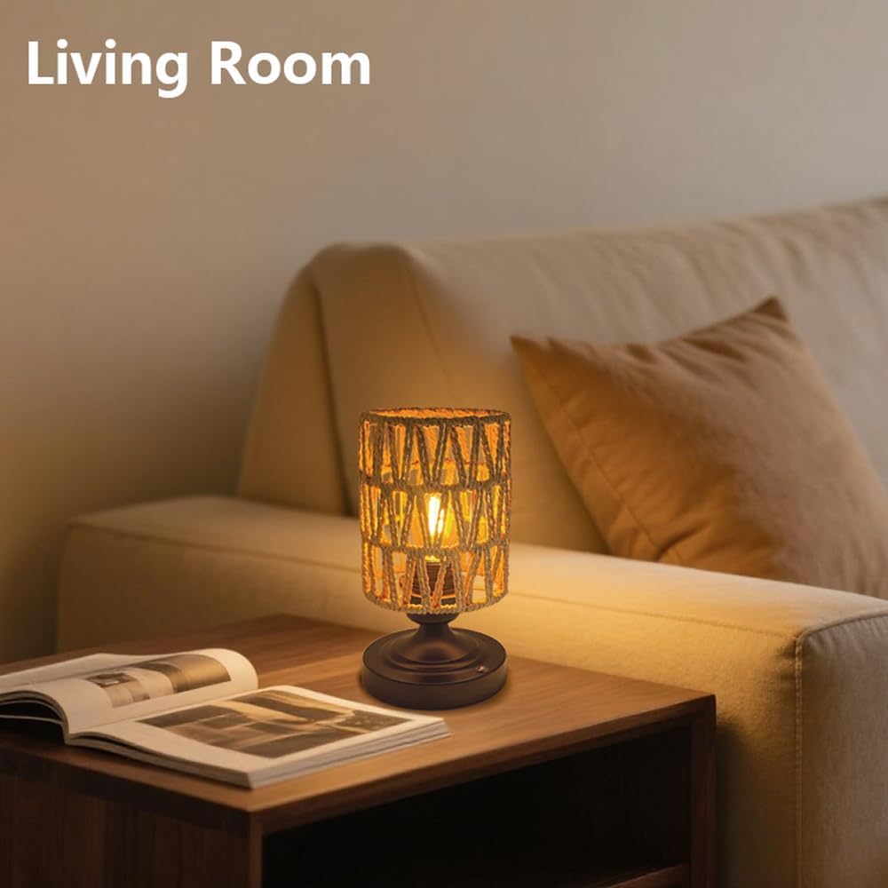 Set of 2 Cordless Rechargeable Table Lamps Night Light Desk Lamp, Battery Operated Farmhouse Table Lamp Boho Rattan Shade w/Blub Stepless Dimmable for Outdoor Patio Living Room Bedroom