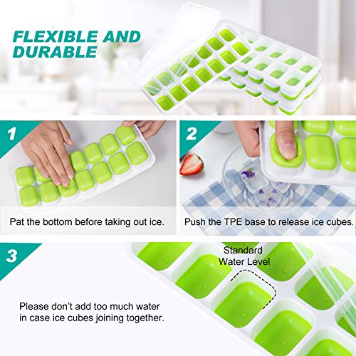 Adoric Ice Cube Trays 3 Pack, Easy-Release Silicone and Flexible 14-Ice Trays with Removable Lid, LFGB Certified and BPA Free, Stackable and Dishwasher Safe (White + Green)