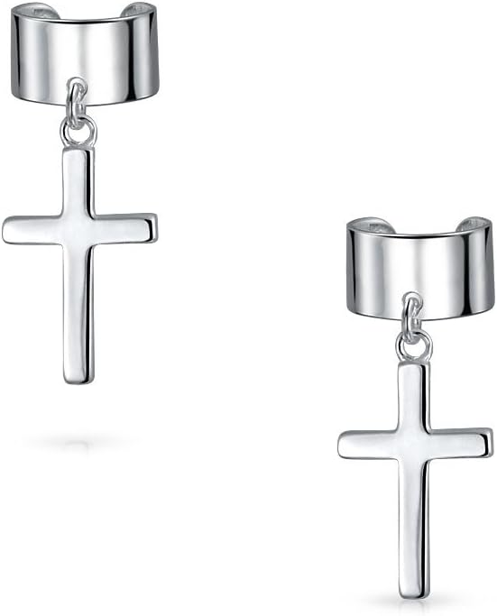 Unisex Cartilage Religious Dangling Ear Lobe Cross Earrings Ear Cuff For Men Women .925 Sterling Silver