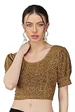 Fressia Fabrics Cotton Lycra Stretchable Elbow Sleeve Readymade Saree Blouse for Women Stylish Gold