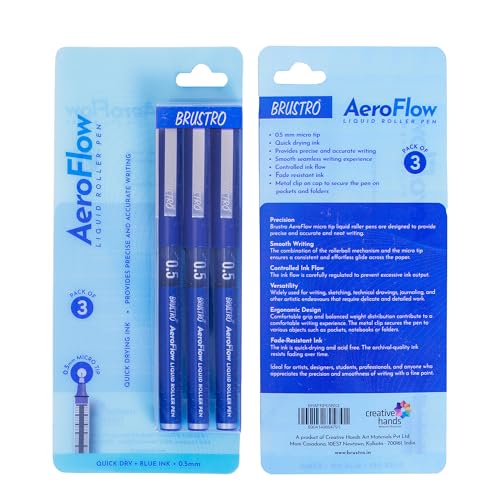 Image of BRUSTRO AeroFlow Liquid Ink Rollerball Pens | Blue | 0.5mm, Micro Tip | Pack of 3| Ideal for Students, Professionals, Office, Exam use, Accurate Smooth Writing, Fade Resistant