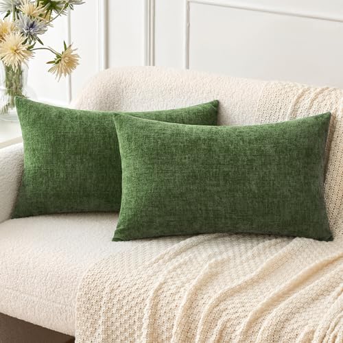 Image of MIULEE Pack of 2 Couch Throw Pillow Covers 12x20Inch Soft Moss Green Spring Chenille Lumbar Pillow Covers for Sofa Living Room Solid Dyed Cases