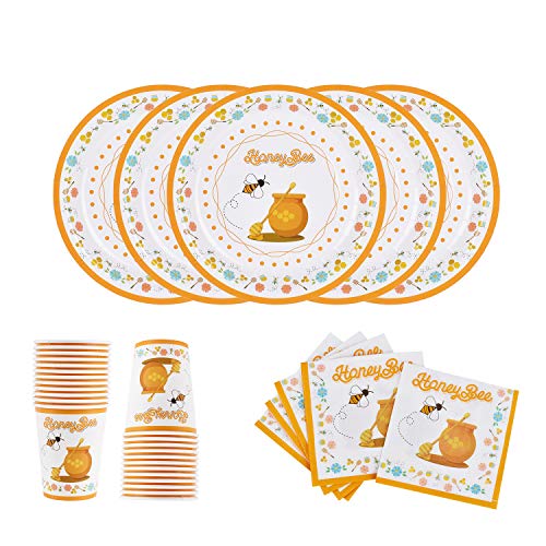 Bee Party Supplies Decoration SERVE 25 Disposable Paper Plates Cups and Napkins for Kids Brithday, Baby Shower and Honey Bee Theme Party