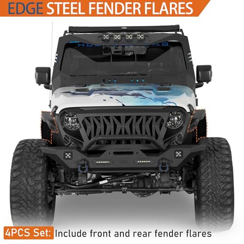 Image of Hooke Road JL Slim Flat Fender Flares for 2018-2026 Jeep Wrangler JL JLU 2 /4 Doors, Front and Rear Steel Fenders with LED Turn Signal Lights - 4 PCS Set